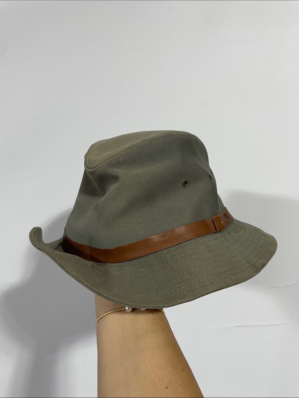 Vintage REI Olive Green Canvas Bucket Hat with Brown Trim